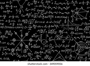 Physical scientific vector endless texture with formulas, tasks, plots, figures and calculations