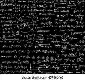 Physical scientific vector seamless pattern with formulas, researching equations and figures, handwritten with chalk on a grey board seamless design