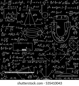 Physical scientific vector seamless pattern with handwritten formulas, plots, schemes, calculations and equations, "chalk on blackboard" effect. You can use any color of background