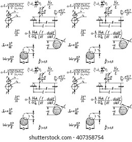 Physical seamless pattern with the equations, figures, schemes, plots and other calculations. Handwritten vector Illustration.