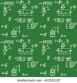 Physical seamless pattern with the equations, figures, schemes, plots and other calculations on blackboard. Handwritten vector Illustration.