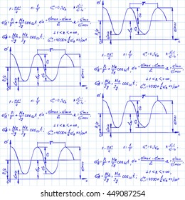 Physical seamless pattern with the equations, figures, schemes, plots and other calculations on notebook page. Handwritten vector Illustration.