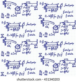 Physical seamless pattern with the equations, figures, schemes, plots and other calculations on notebook page. Handwritten vector Illustration.