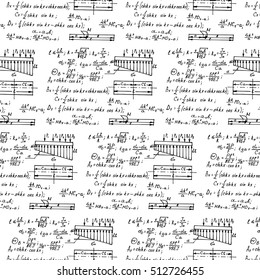 Physical seamless pattern with the equations, figures, schemes, plots and other calculations. Handwritten vector Illustration.