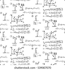 Physical seamless pattern with the equations, figures, schemes, plots and other calculations. Handwritten vector Illustration. Vintage education background.