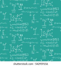 Physical seamless pattern with the equations, figures, schemes, plots and other calculations on chalkboard. Handwritten vector Illustration. Vintage education background.
