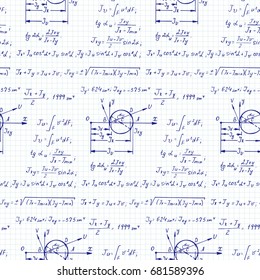 Physical seamless pattern with the equations, figures, outline, plots and other calculations on notebook page. Handwritten vector Illustration.