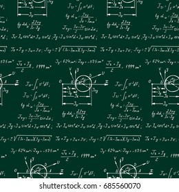 Physical seamless pattern with the equations, figures, outline, plots and other calculations on blackboard. Handwritten scientific vector Illustration.