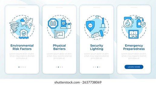 Physical security audit components blue onboarding mobile app screen. Walkthrough 4 steps editable graphic instructions with linear concepts. UI, UX, GUI