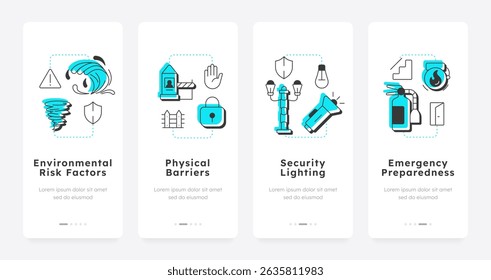 Physical security audit components mobile app onboarding screens. Monitoring potential threats. Users safety. Flat UI UX design, blue highlight with outline icons conceptual