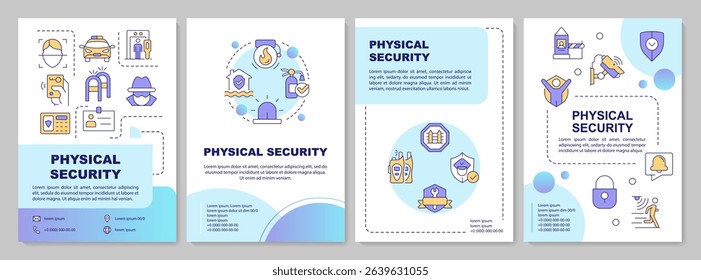 Physical security blue circle brochure layout. Deny unauthorized access to facilities. Leaflet advertising design with color line icons. Editable 4 pages