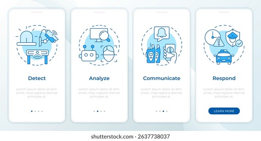 Physical security ecosystem blue onboarding mobile app screen. Protection. Walkthrough 4 steps editable graphic instructions with linear concepts. UI, UX, GUI