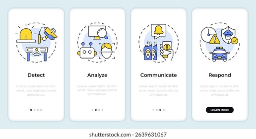 Physical security ecosystem onboarding mobile app screen. Protection. Walkthrough 4 steps editable graphic instructions with linear concepts. UI, UX, GUI