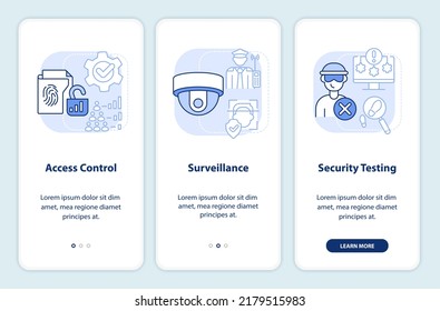 Physical security light blue onboarding mobile app screen. Protection walkthrough 3 steps editable graphic instructions with linear concepts. UI, UX, GUI template. Myriad Pro-Bold, Regular fonts used