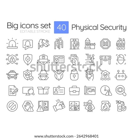 Physical security line icons set. System for people and assets protection. Safety technology maintaining. Isolated vector outline illustrations. Thin lineart iconset symbols. Editable stroke