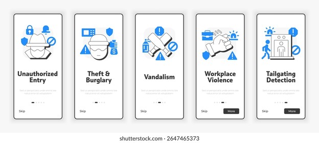 Physical security threats and risks mobile onboarding screen. Detecting potential dangers UX UI illustration. Flat outline style icons with blue accent