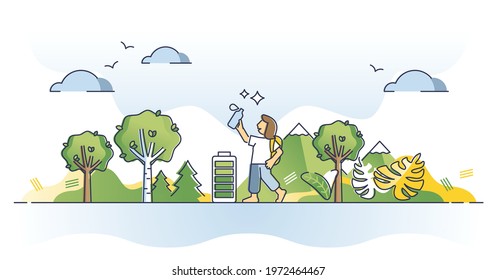 Physical Self Care Lifestyle As Body Wellness And Harmony Outline Concept. Outdoor Energy Gain Or Recharge And Power Up With Hiking In Nature Vector Illustration. Sport Activities For Good Health.