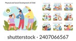 Physical and social development of child concept set. Children engaging in exercises, emotional learning, and social activities promoting comprehensive growth. Flat vector illustration