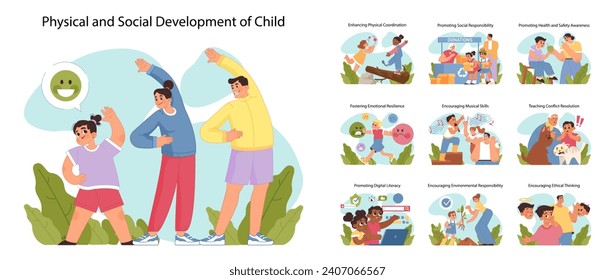 Physical and social development of child concept set. Children engaging in exercises, emotional learning, and social activities promoting comprehensive growth. Flat vector illustration