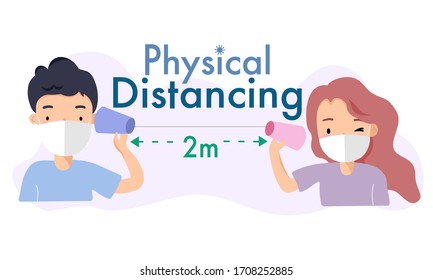 Physical and social distancing, keep at least 2 meters away from other people to avoid the spreading of Coronavirus or Covid19. Man and woman wearing face mask and keep distance in talking, vector