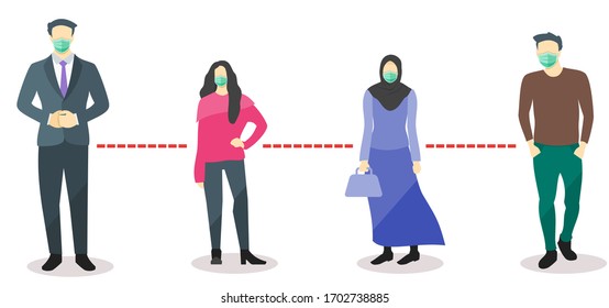 Physical Social Distancing Movement During Coronavirus COVID-19 Pandemic. An Effort to Stop or Slow Down Spread Novel Corona Virus. People Young Man & Woman Essential Worker Wears face Surgical Mask