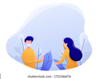 physical or social distancing vector illustration, man and woman using a mask, flat style, gradient 