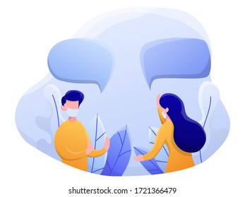 physical or social distancing vector illustration, man and woman using a mask, chat with dialog speech bubbles, flat style, gradient 