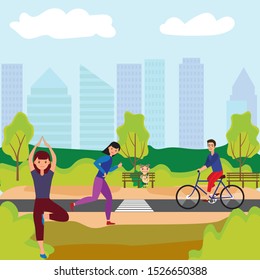 	
Physical sport outdoors activity in city public park. People are running, cycling and doing yoga. Sport and fitness, healthy lifestyle concept vector illustration.