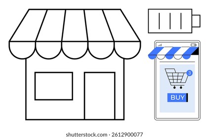 Physical storefront next to a smartphone displaying an online shopping cart with a buy button. Battery icon showing energy. Ideal for retail, e-commerce, online shopping, digital marketing