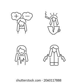 Physical symptoms of anxiety linear icons set. Heart palpitation. Stimulants trigger panic episode. Customizable thin line contour symbols. Isolated vector outline illustrations. Editable stroke