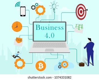 Physical Systems Business 4.0 concept, computer laptop network link Elements of business, time, tax, salary, gear, target, bitcoin, businessman, smartphone, idea, vector eps10.