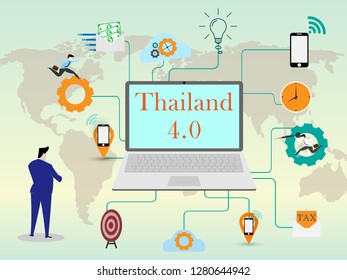 Physical Systems Business Thailand 4.0 concept, symbol computer laptop network link Elements of Thailand 4.0, time,salary, gear, target, bitcoin, businessman, smartphone, idea, vector eps10.