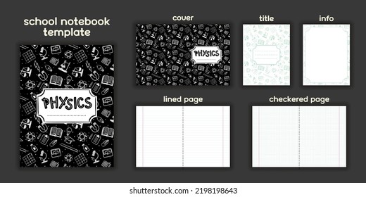 Physical Template To Print School Notebook Or Physics Textbook. Hand-drawn Science Elements. Blanks For Checkered And Lined Pages. Frame For Educational Or Scientific Poster. Vector Illustration