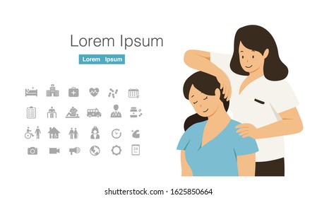 physical therapist doing head and neck stretching for female patient cartoon character design with icon set