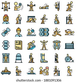 Physical therapist icons set. Outline set of physical therapist vector icons thin line color flat on white