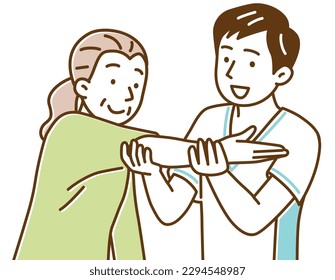 Physical therapist young man treating senior woman