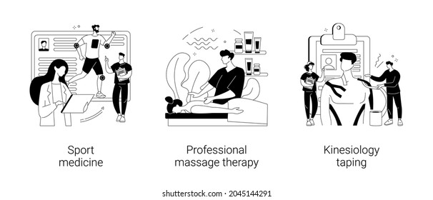 Physical therapy abstract concept vector illustration set. Sport medicine, professional massage therapy, kinesiology taping, pain relief, wellness relaxation, bandage application abstract metaphor.