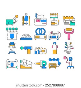 Iconos de Colección de ayuda de fisioterapia Establecer Vector. Dispositivo De Terapia Magnética Y Láser, Masajeador, Complejo De Fisioterapia Y Ilustraciones De Contorno De Color De Inhalador Ultrasónico