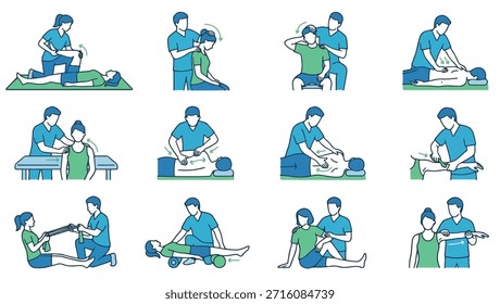 Ilustrações de técnicas de fisioterapia e quiroprática. ilustrações de fisioterapia. técnicas quiropráticas. arte da terapia do bem-estar. exercícios de reabilitação. ilustrações de alongamento do paciente.