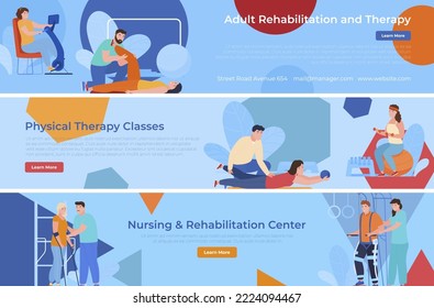 Physical therapy classes nursing rehabilitation center landing page set vector illustration. Injury recovery medical healthcare internet promo banner. Sports exercising disability treatment support