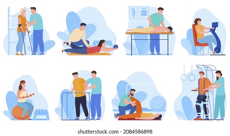 Physical therapy collection vector flat illustration. Set medical doctors working disabled patient, massage, orthopedic rehabilitation, gym exercising isolated on white. People with injury recover