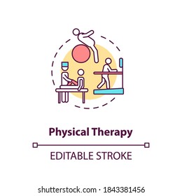 Physical therapy concept icon. Professional physician aid, physiotherapy idea thin line illustration. Trauma recovery, injury rehabilitation. Vector isolated outline RGB color drawing. Editable stroke