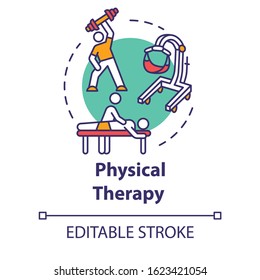 Physical therapy concept icon. Workout in gym. Massage, chiropractic. Rehabilitation procedures. Physiotherapy idea thin line illustration. Vector isolated outline RGB color drawing. Editable stroke