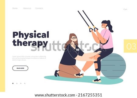 Physical therapy concept of landing page with young woman in medical rehabilitation center. Girl in recovery doing exercises with ball on balance. Cartoon flat vector illustration