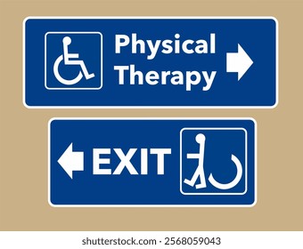 Physical therapy heals people is the theme. A sign directs a wheelchair bound person to physical therapy and an exit sign shows the person in now walking and leaving the wheelchair behind.