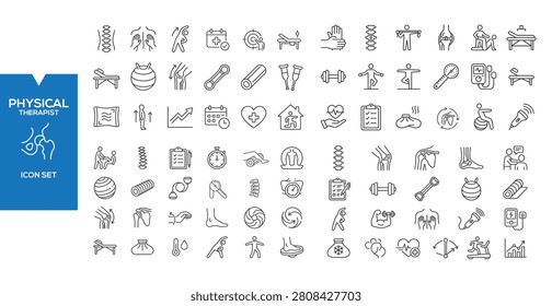 Physical Therapy Icon Set: A comprehensive collection of line art icons representing various aspects of physical therapy and rehabilitation, including exercises, equipment, and medical symbols.