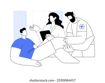 Physical therapy isolated cartoon vector illustrations. Young physical therapists help patient in the hospital, check joints, higher education, smiling medical students vector cartoon.