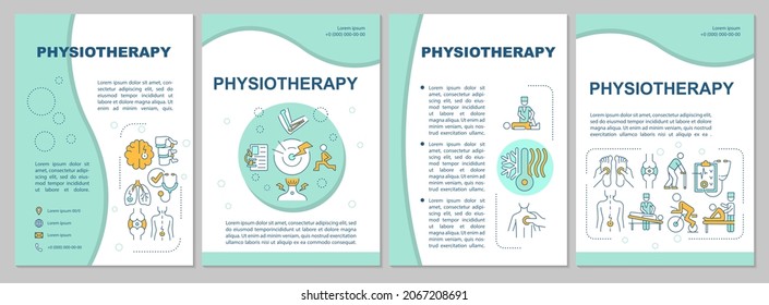 Plantilla de folleto de la menta de terapia física. Atención de la salud. Volante, folleto, folleto impreso, diseño de portada con iconos lineales. Diseños vectoriales para presentación, informes anuales, páginas publicitarias
