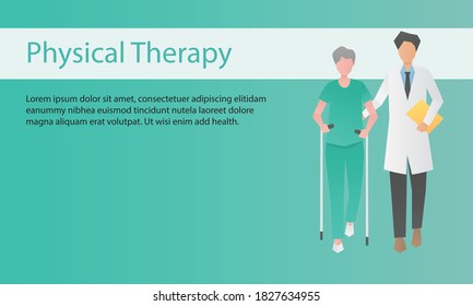 physical therapy mobility in hospital,The doctor was helping to support Grandma and practice walking using crutches,Rehabilitation,Vector illustration.