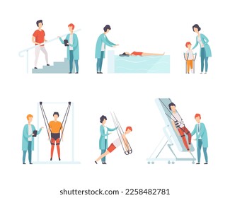 Physical Therapy or Physiotherapy with Therapist Restoring Health after Trauma or Injury Vector Set